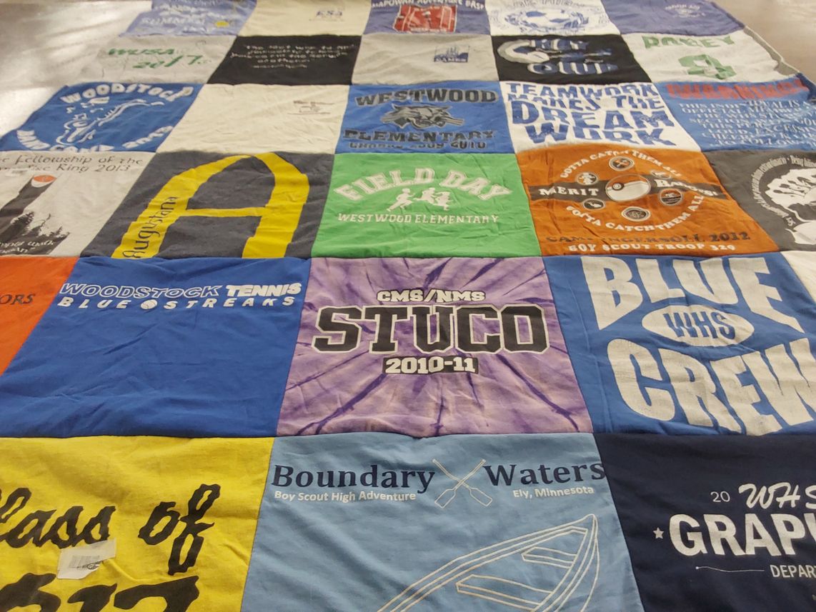 T-shirt quilt featuring woodstock tennis blue streaks, welding high school crew by Tina from IL