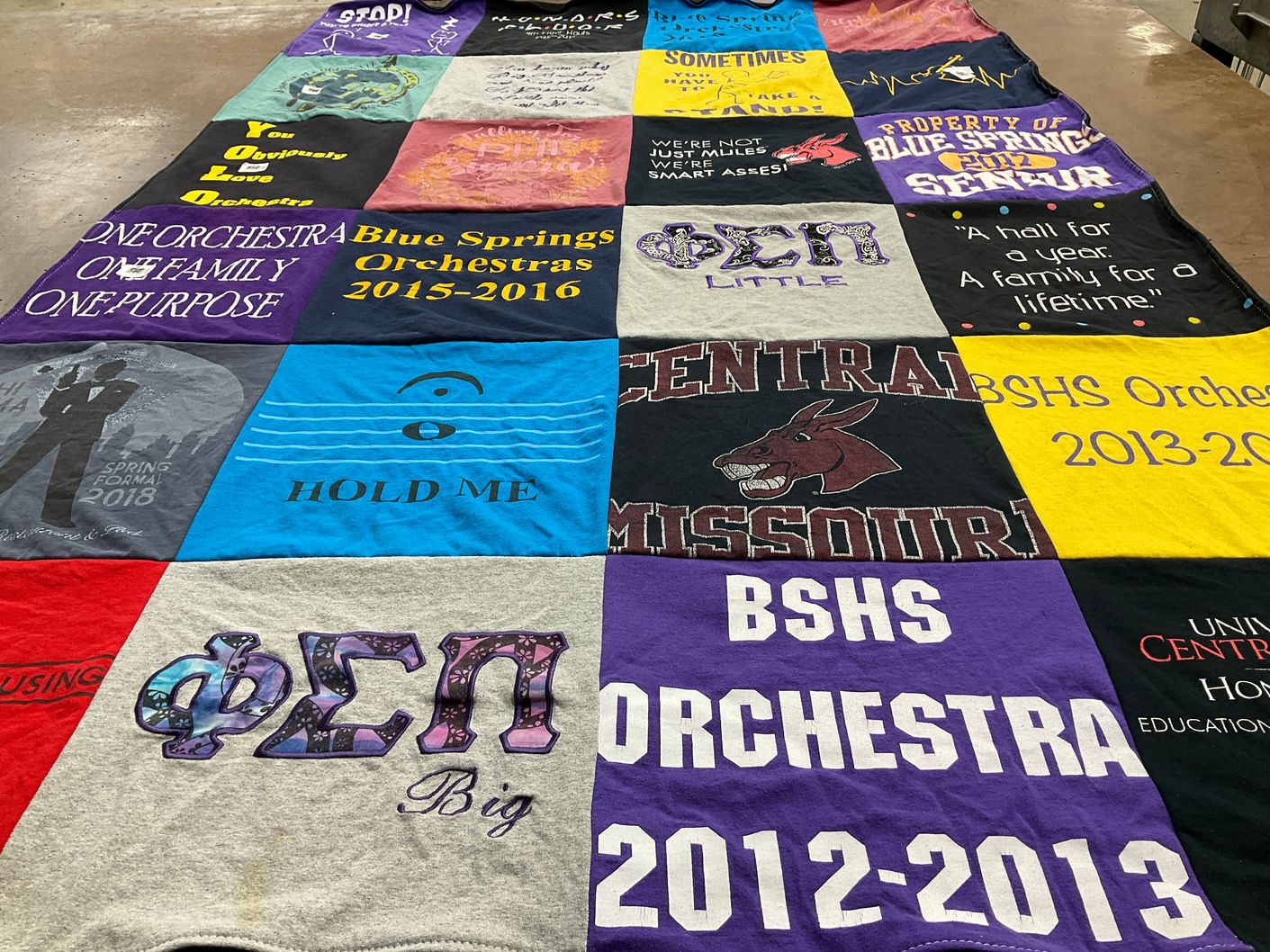 T-shirt quilt from central missouri university, blue springs high school by Raven from IN