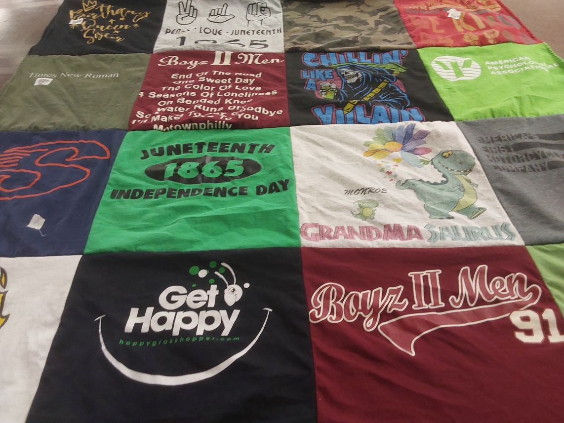 T-shirt quilt with music, celebration themes by Jaretta from HI