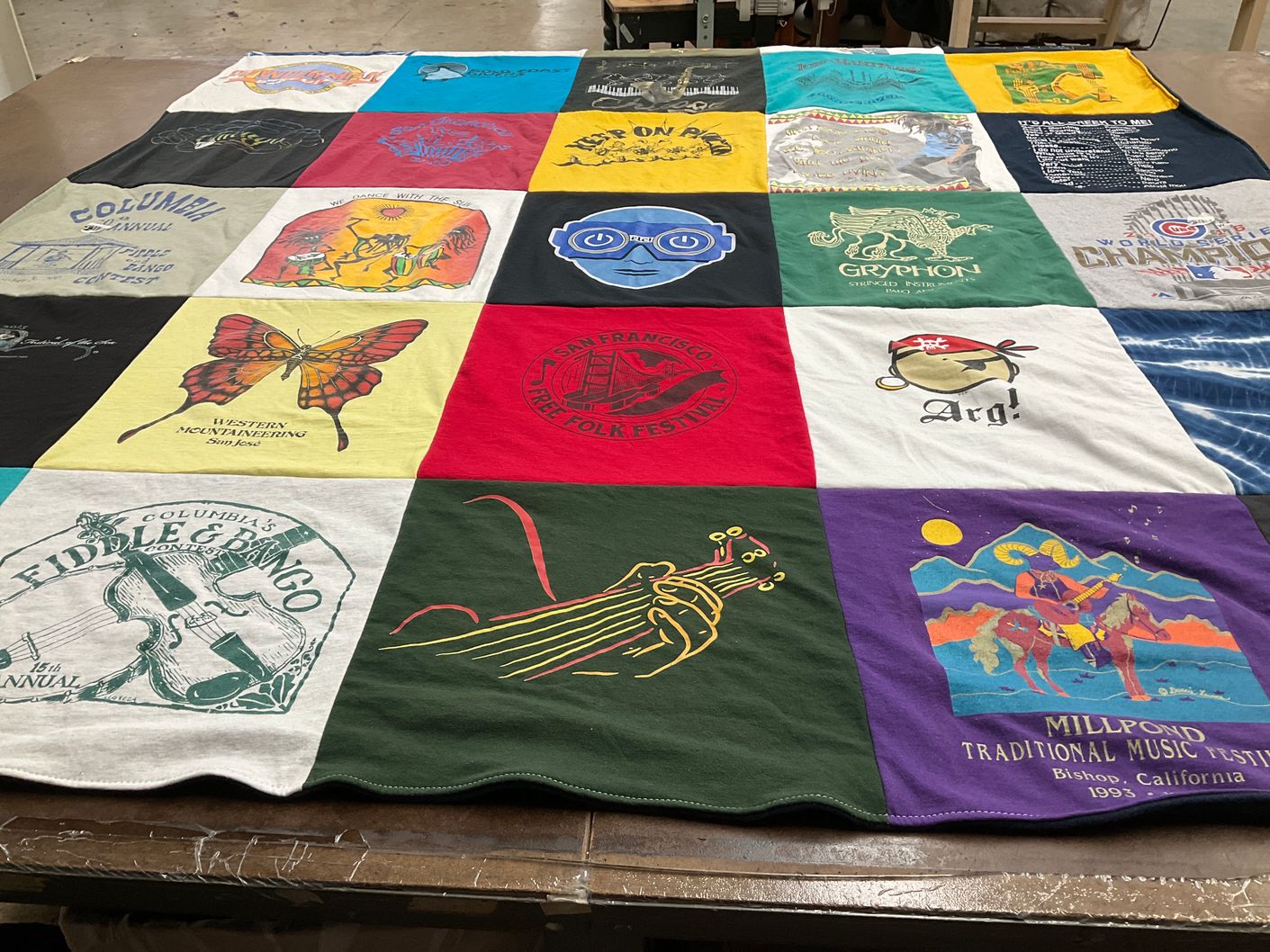 T-shirt quilt with music, festivals themes by Kay from CA