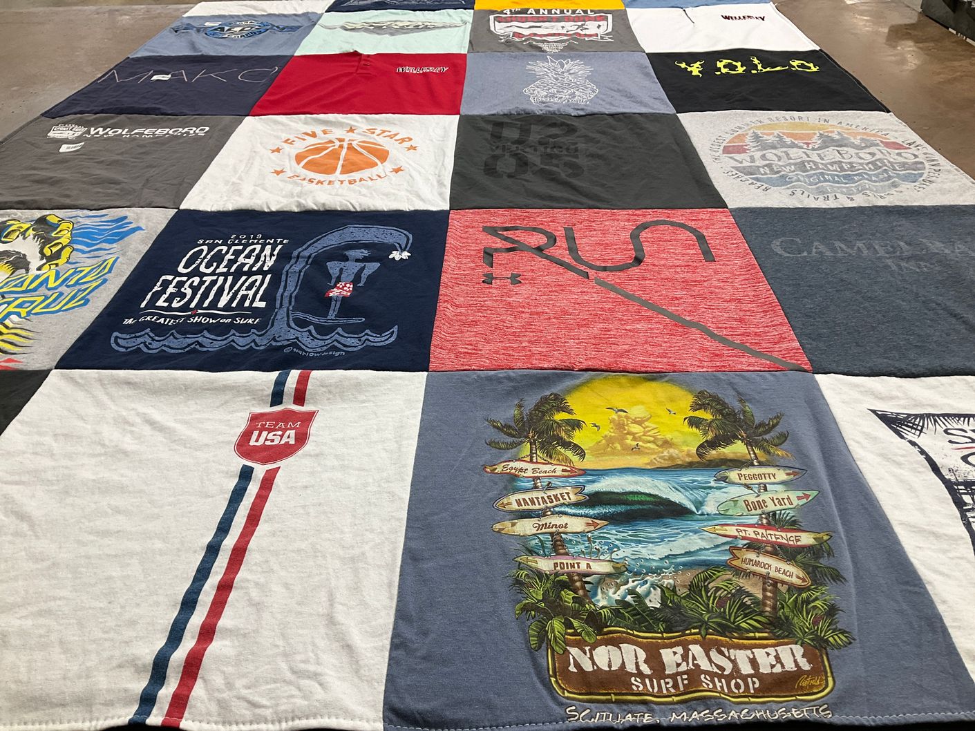 T-shirt quilt with surfing, basketball themes by Emily from UT