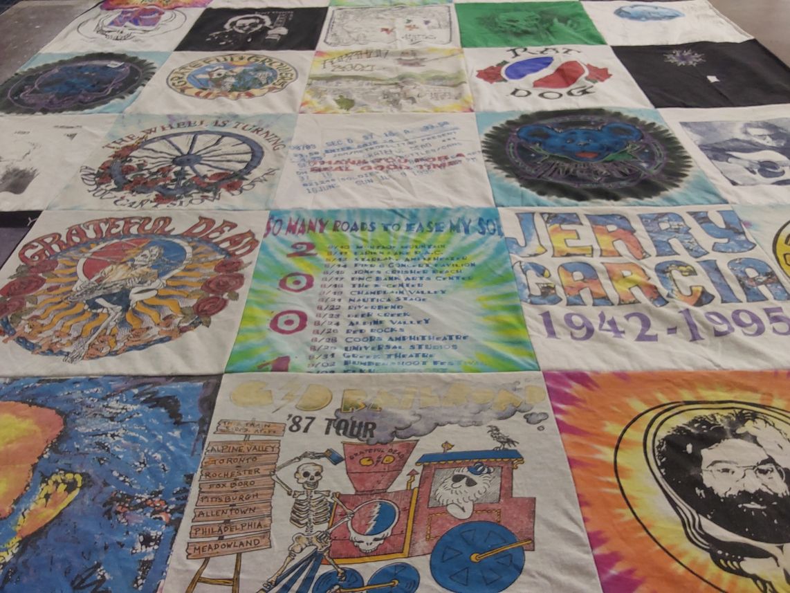 T-shirt quilt with music, psychedelia themes by David from NY
