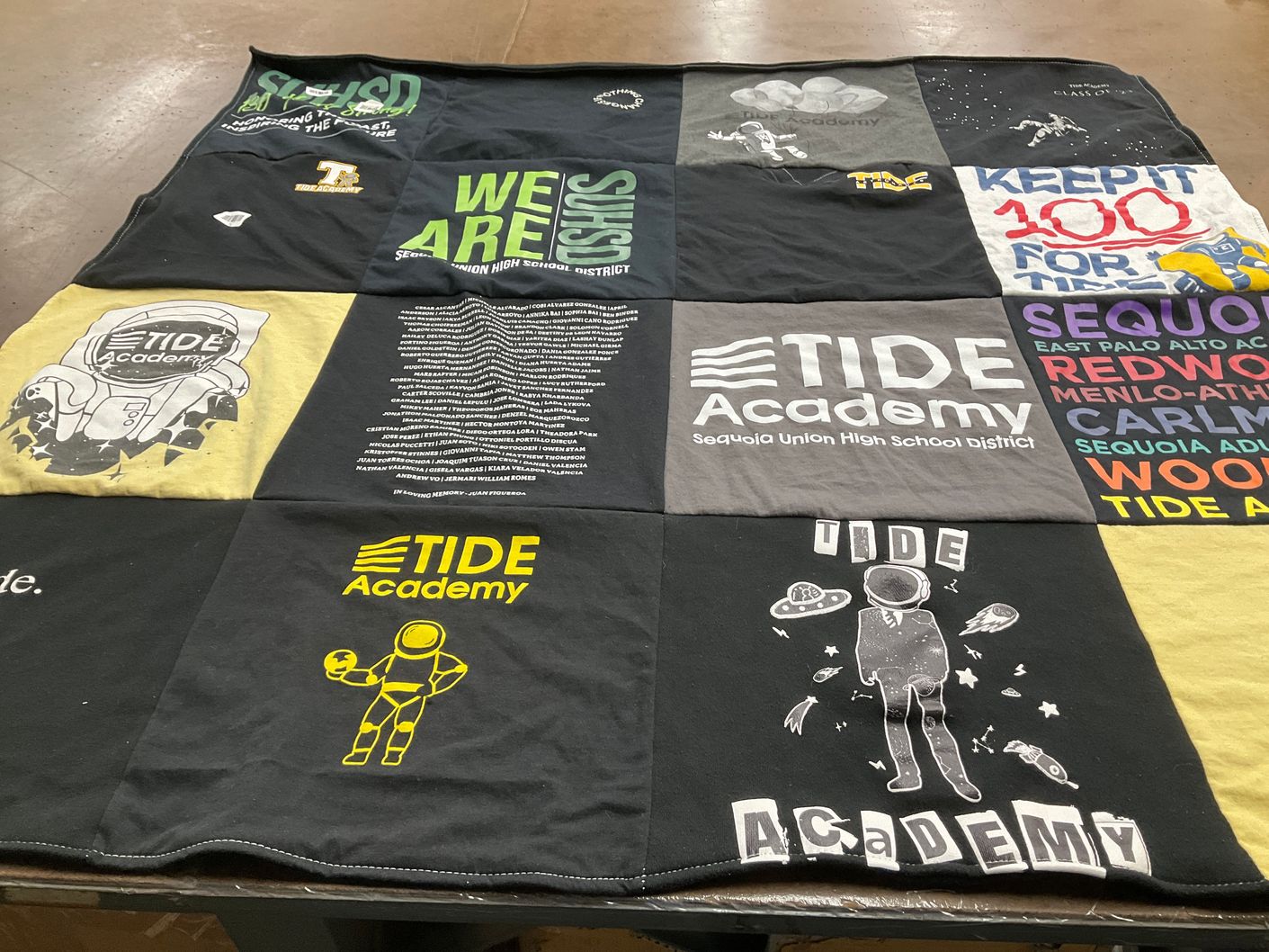 T-shirt quilt from tide academy, sequoia union high school district by Lara from CA