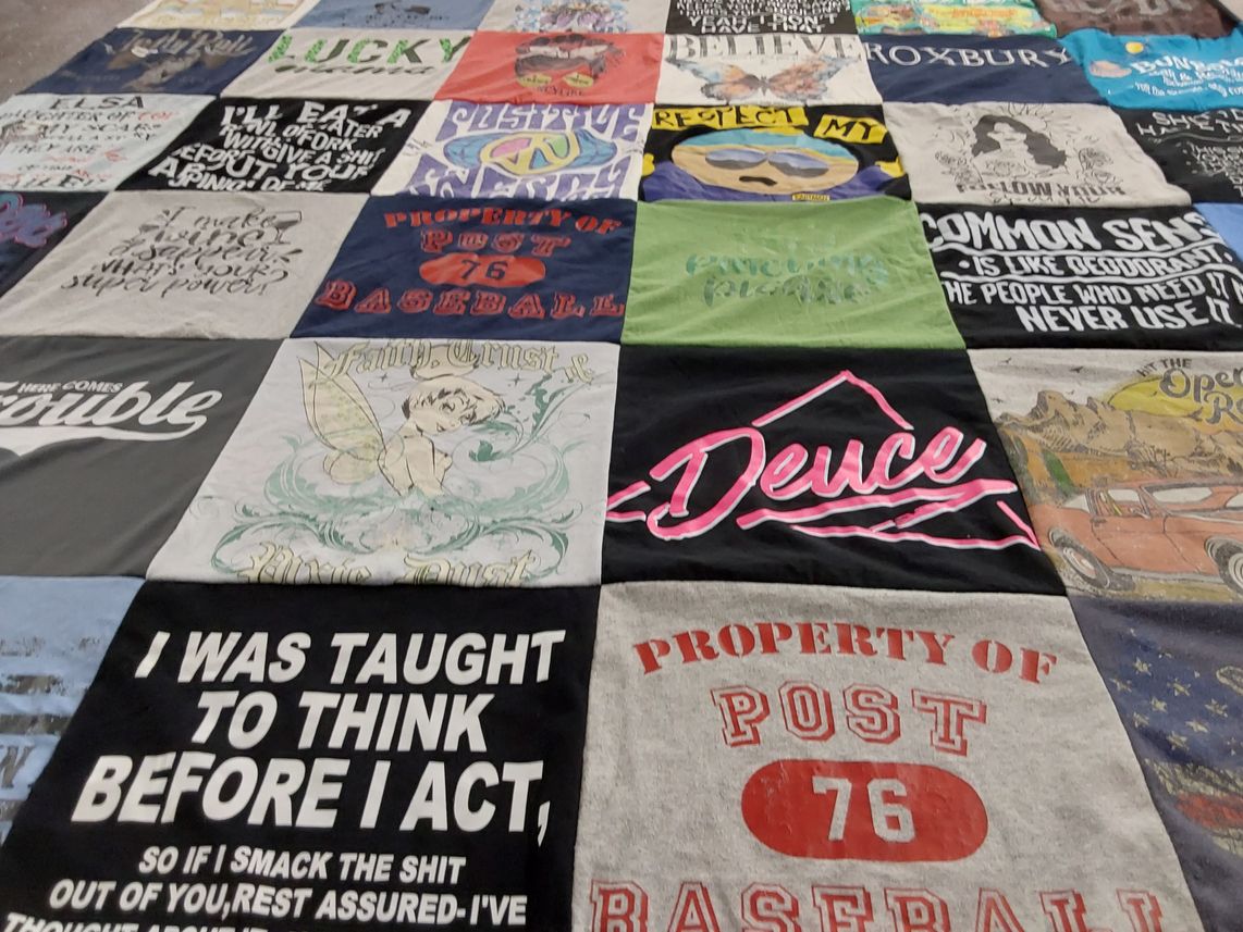 T-shirt quilt with baseball, humor themes by Elsa from PA