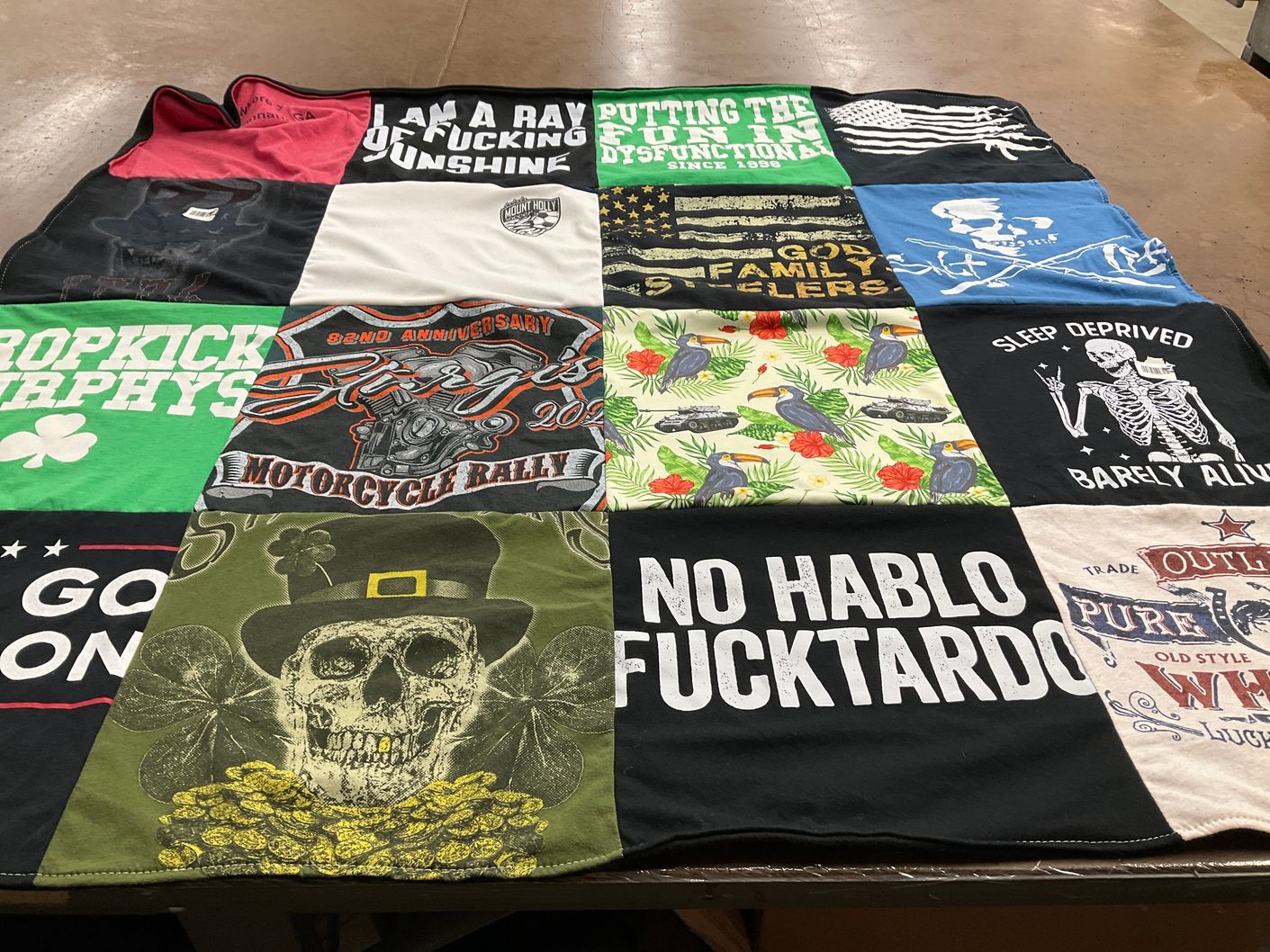 T-shirt quilt with motorcycles, music themes by Kim from SC