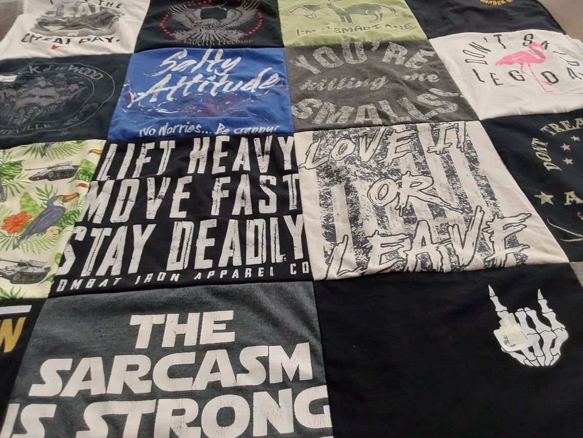 T-shirt quilt with humor, fitness themes by Kim from SC
