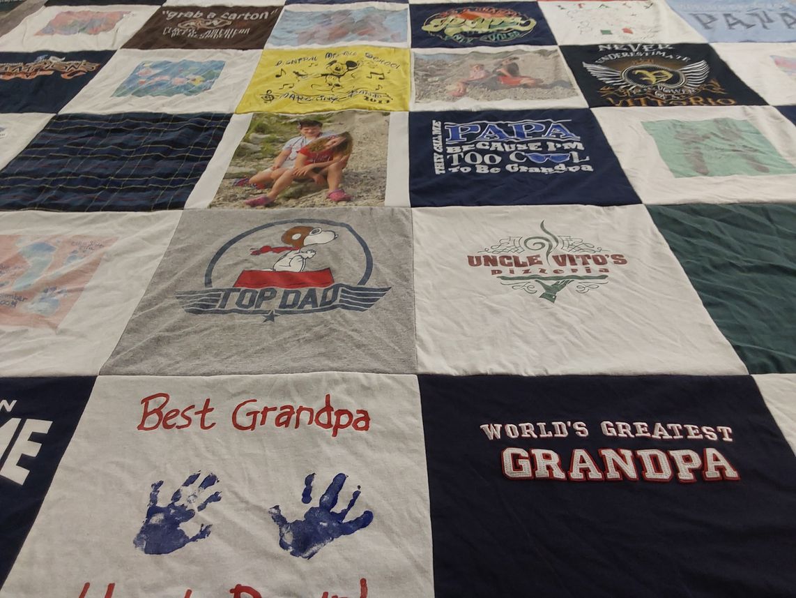 T-shirt quilt with family, fathers themes by Kelly from IL