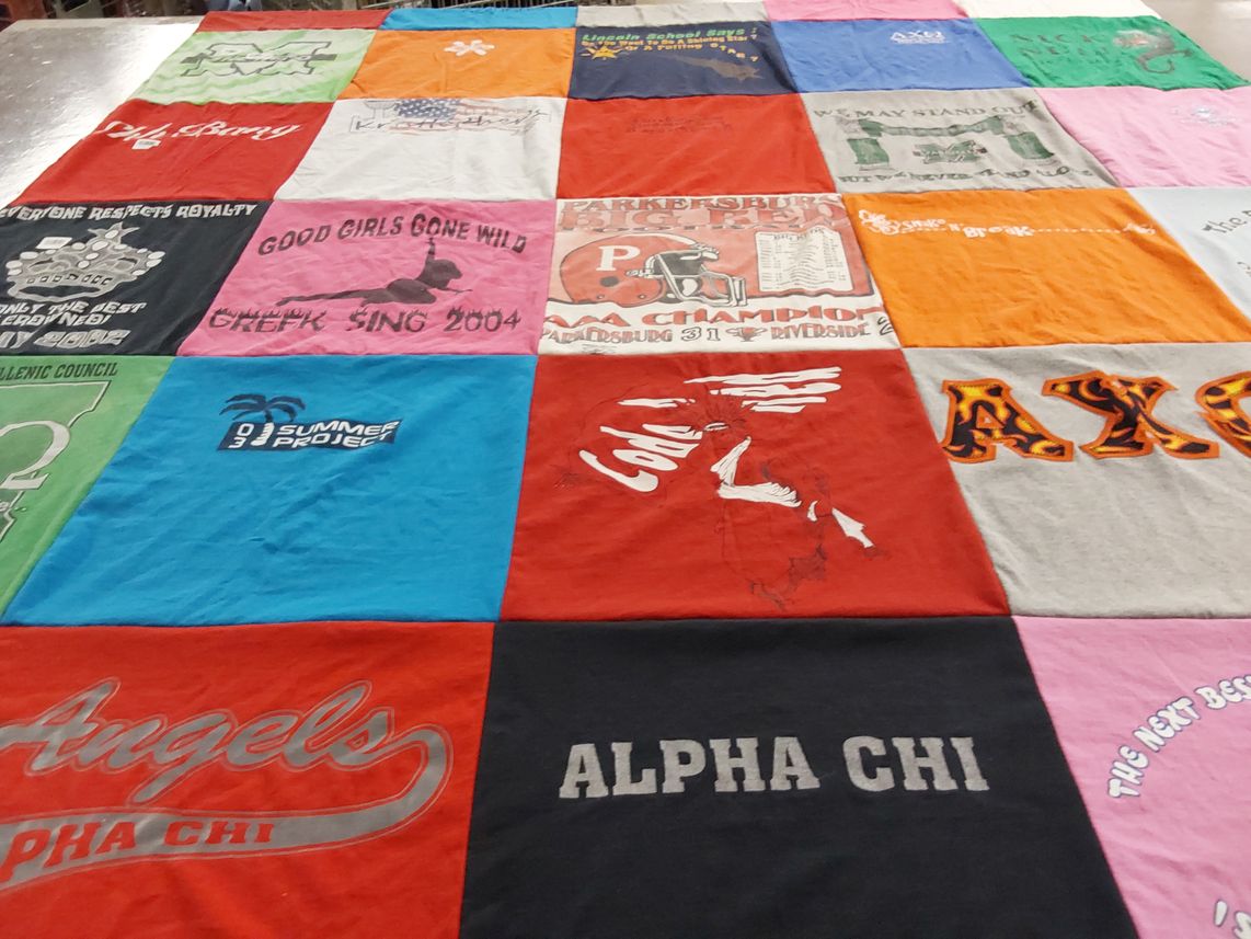 T-shirt quilt with greek life, singing themes by Tara from TN