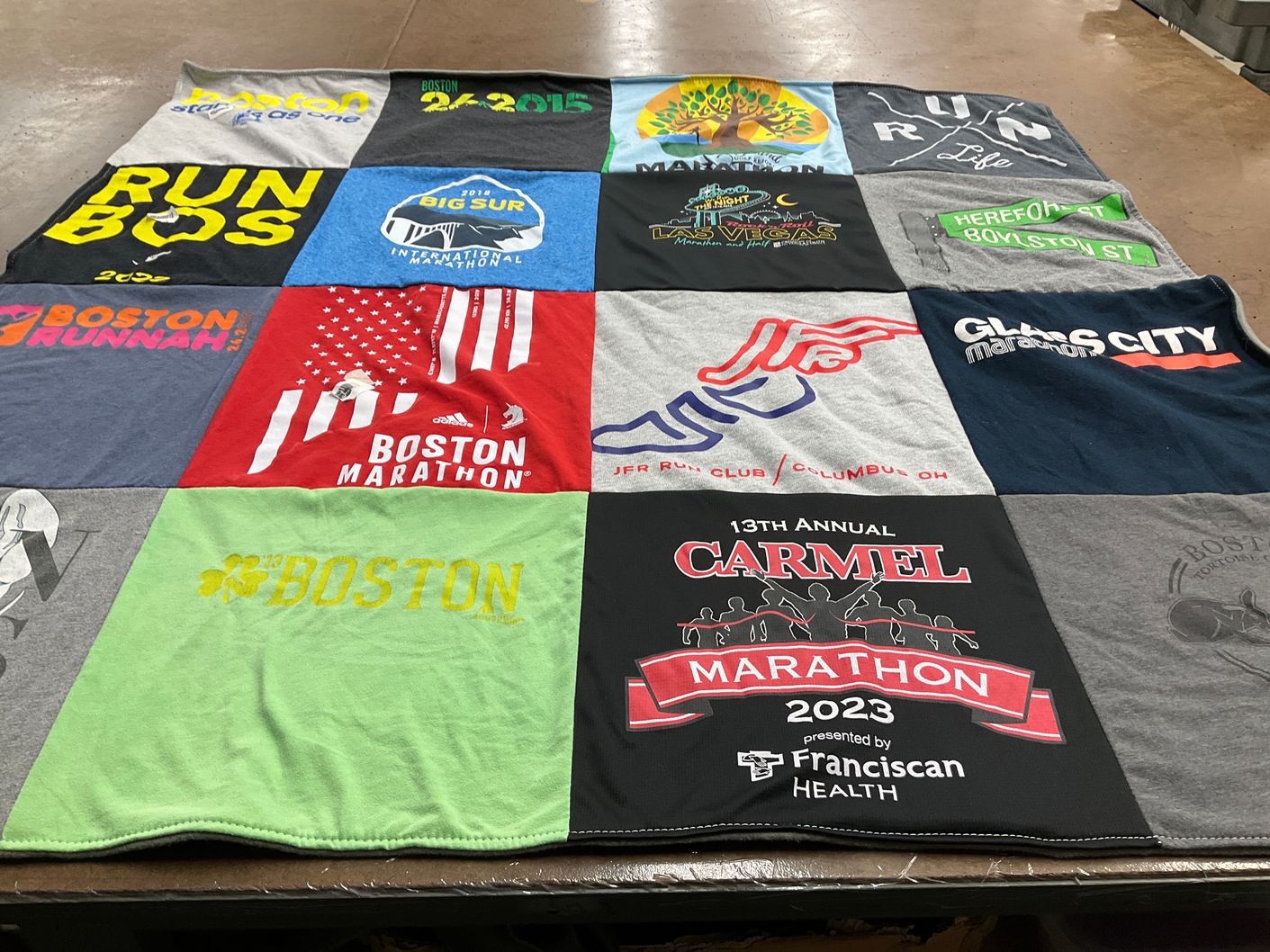 T-shirt quilt with running, marathons themes by Cheryl from OH