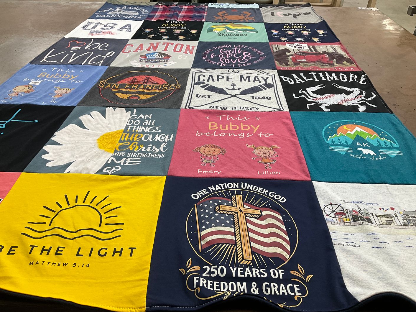 T-shirt quilt with family, faith themes by Kimberly from MD