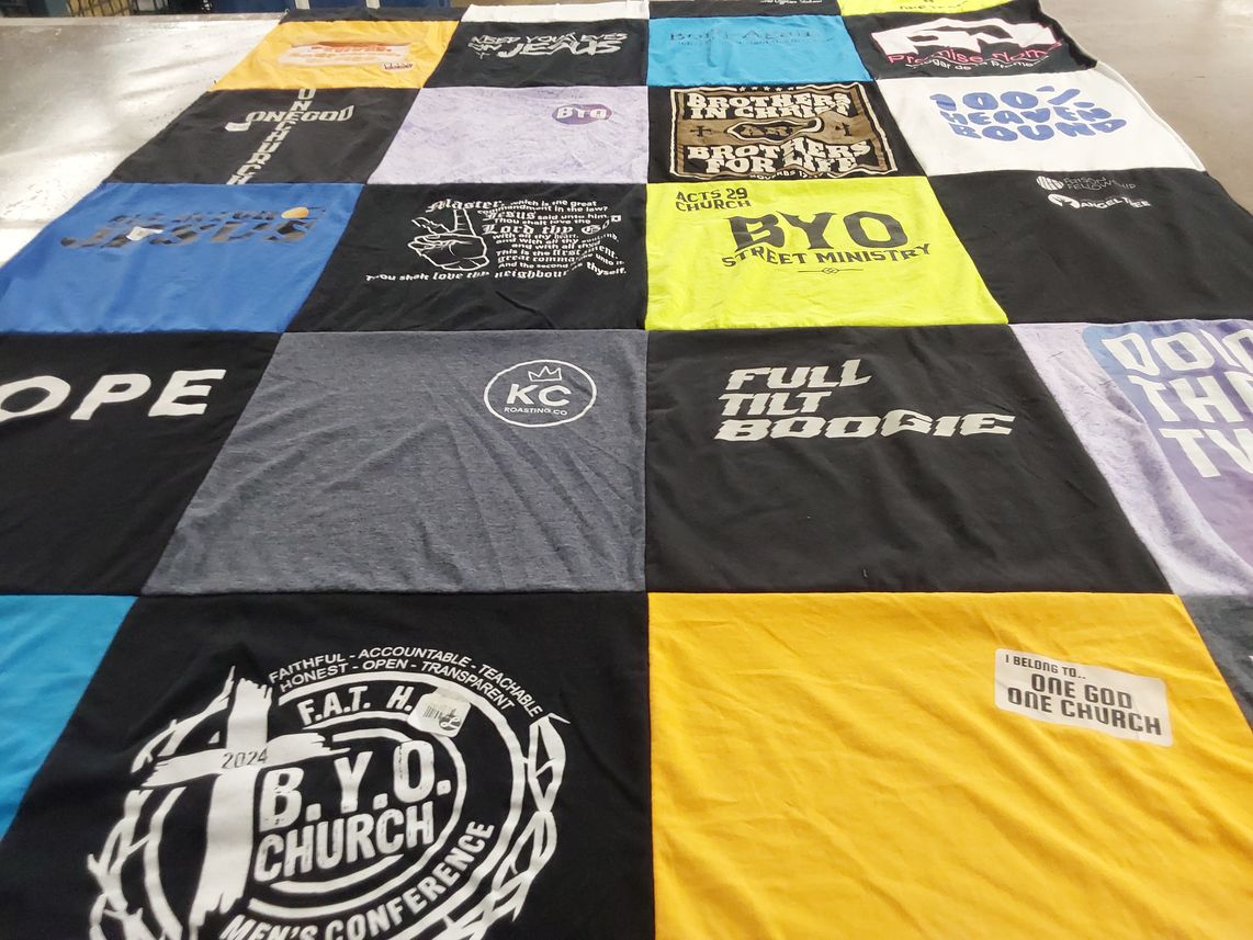 T-shirt quilt with community, faith themes by Jennifer from IL