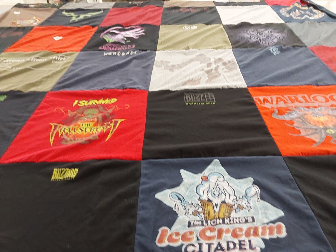 T-shirt quilt with video games, gaming themes by John from WI