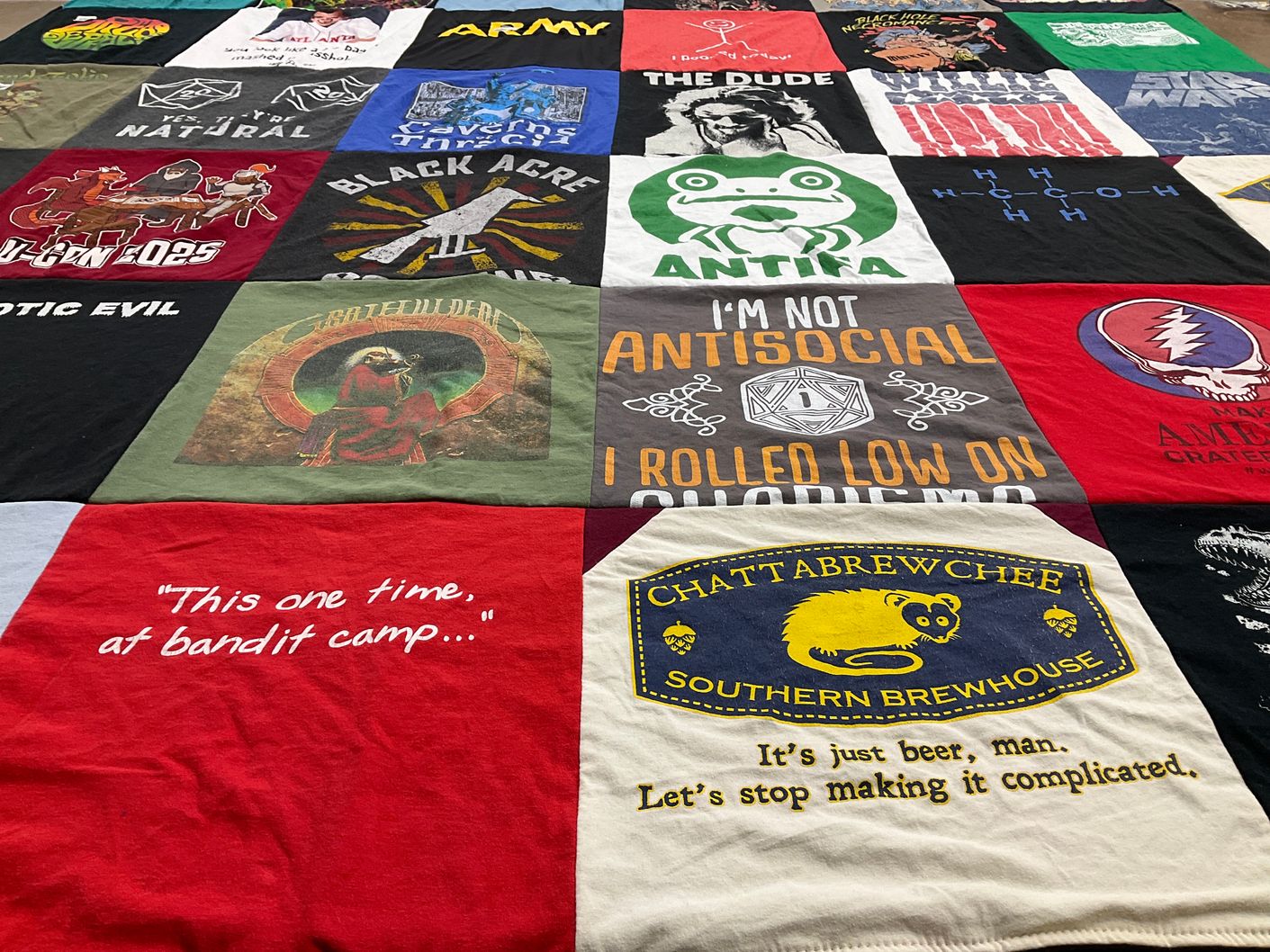 T-shirt quilt with camping, brewing themes by Heather from IN