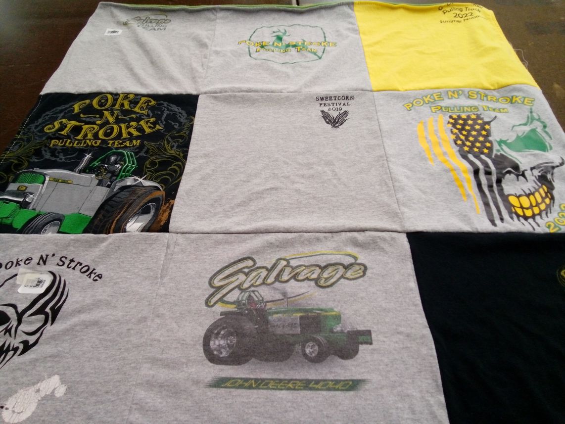 T-shirt quilt with pulling, motorsports themes by Janet from OH