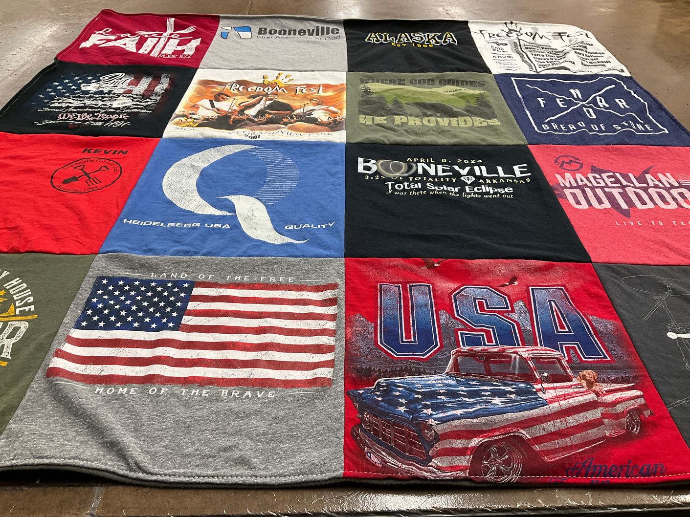 T-shirt quilt with travel, outdoors themes by Kevin from AR