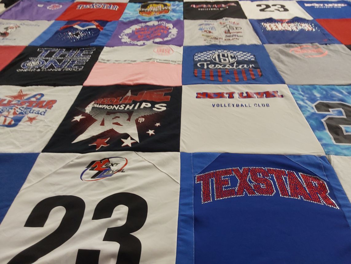 T-shirt quilt with volleyball themes by Krissy from TX