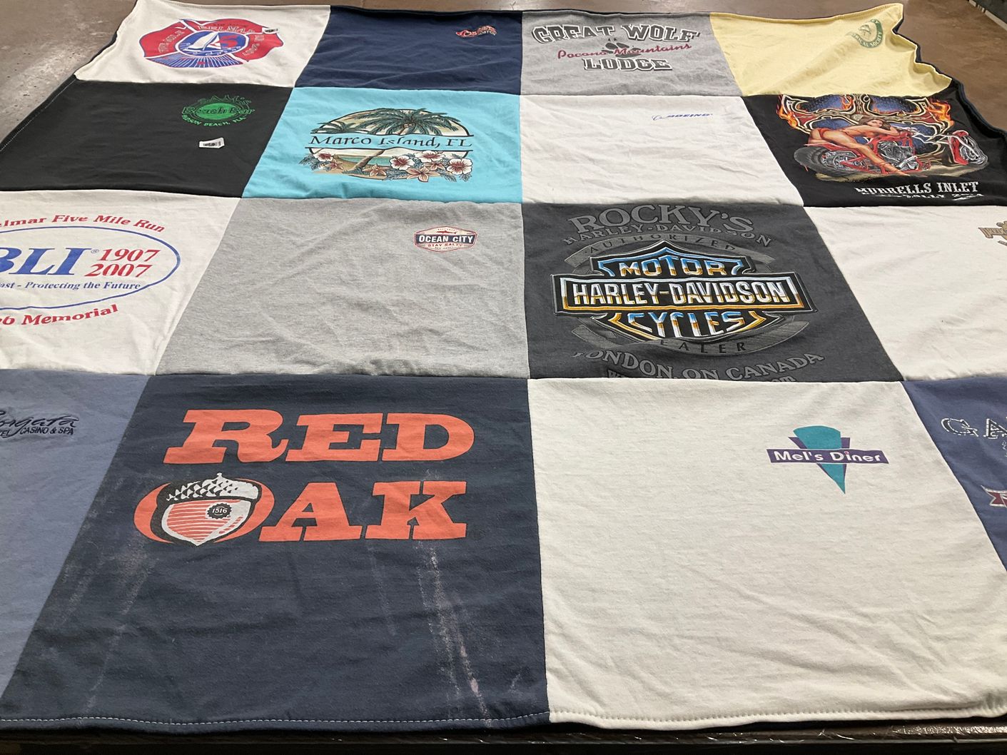 T-shirt quilt with motorcycles, diners themes by Anne from NJ