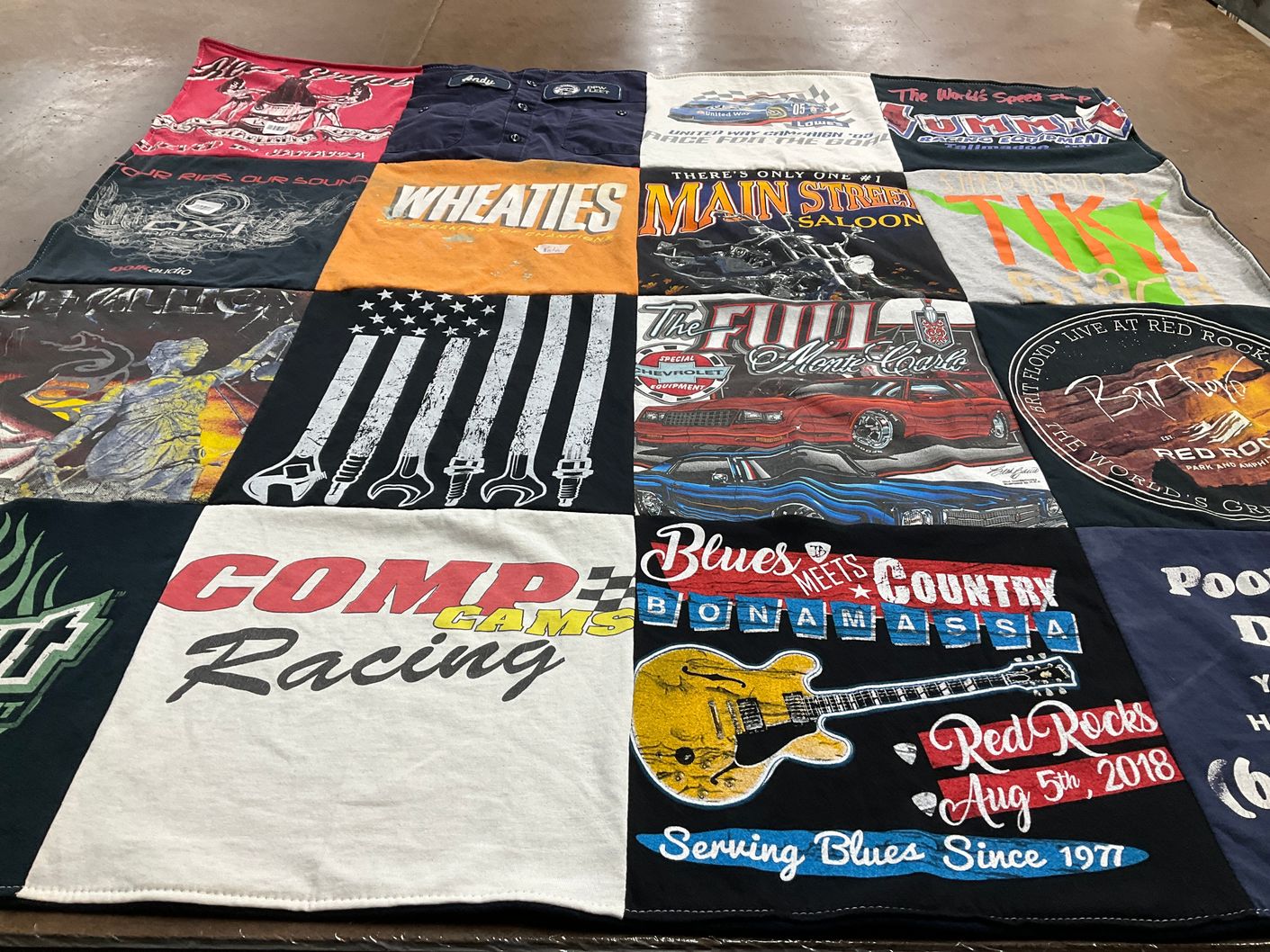 T-shirt quilt with racing, music themes by Cynthia from CO