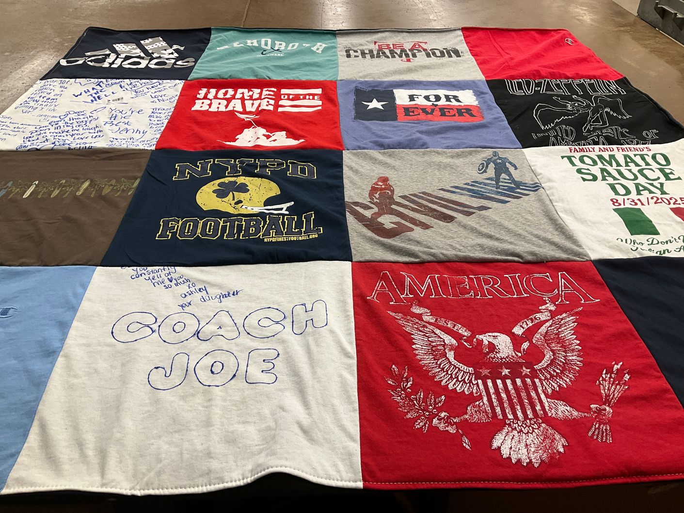 T-shirt quilt with sports, music themes by Angela from NY