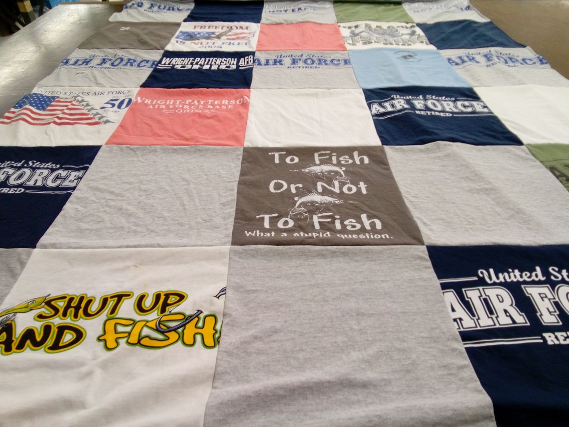 T-shirt quilt with fishing, military themes by Melissa from OH