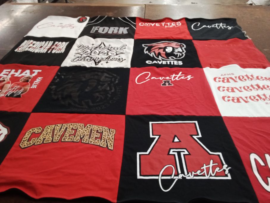 T-shirt quilt featuring american fork high school cavettes, american fork high school cavemen by Jill from UT
