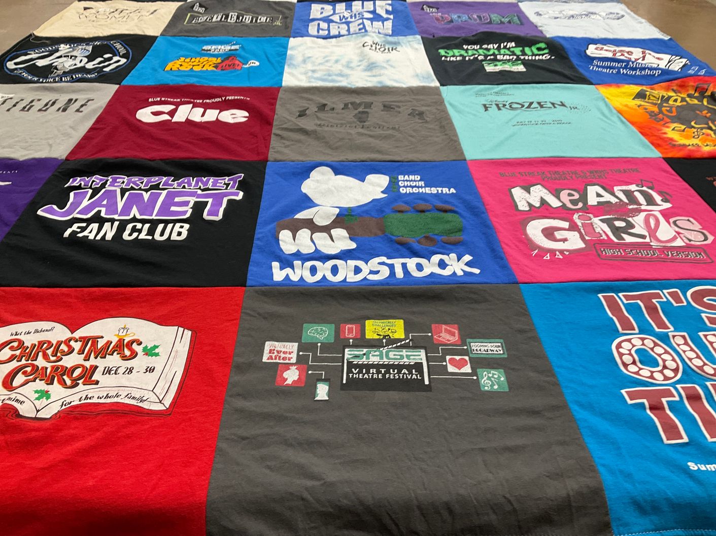 T-shirt quilt with theater, musicals themes by Dawn from IL