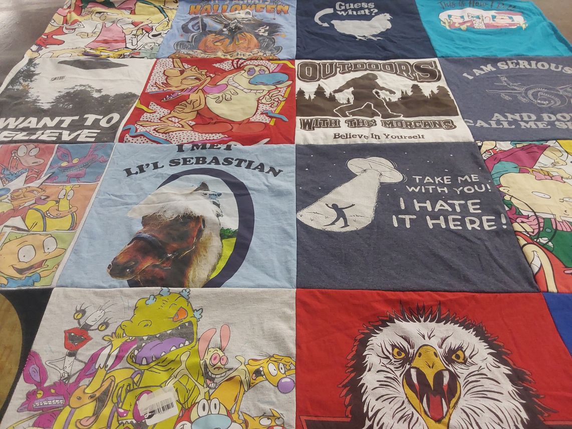 T-shirt quilt with cartoons, humor themes by Patti from TX