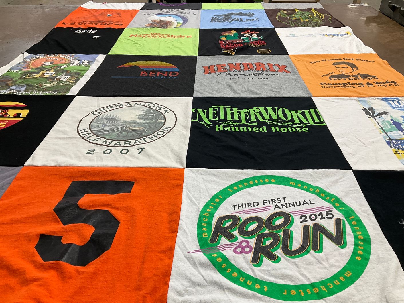 T-shirt quilt with running, haunted attractions themes by Kenneth from GA