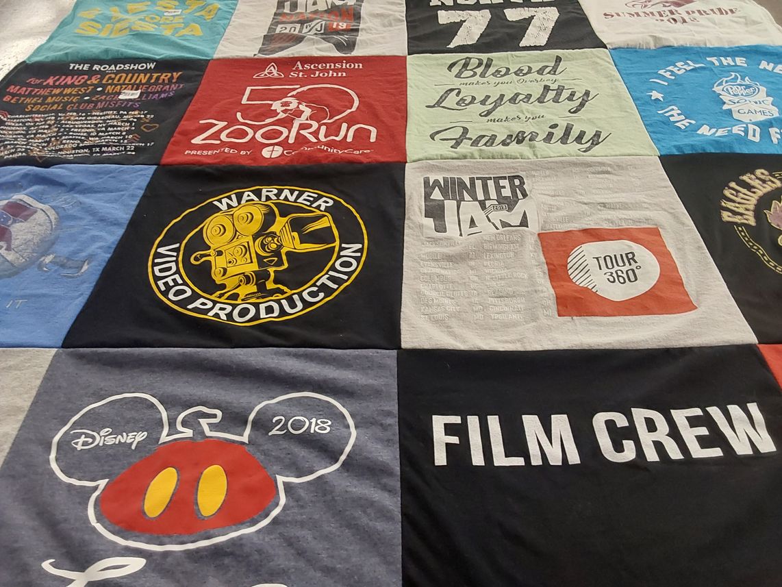 T-shirt quilt with music, film production themes by Twyla from OK