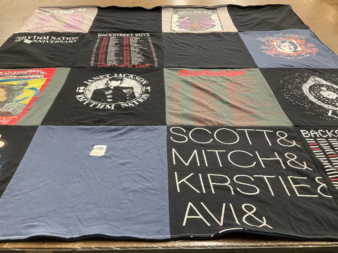 T-shirt quilt with music, pop themes by Rose from NY