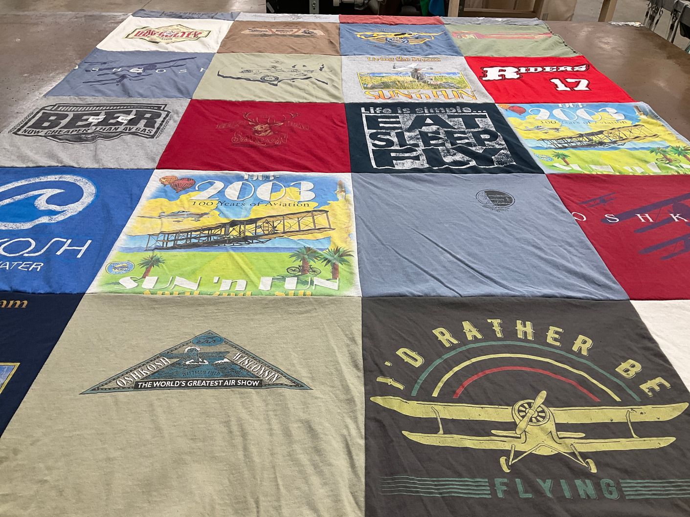 T-shirt quilt with aviation, flying themes by Cindy from TX