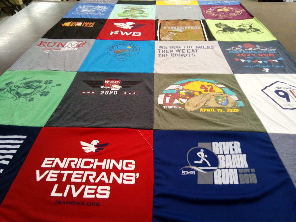 T-shirt quilt with running, veterans support themes by Ric from MI