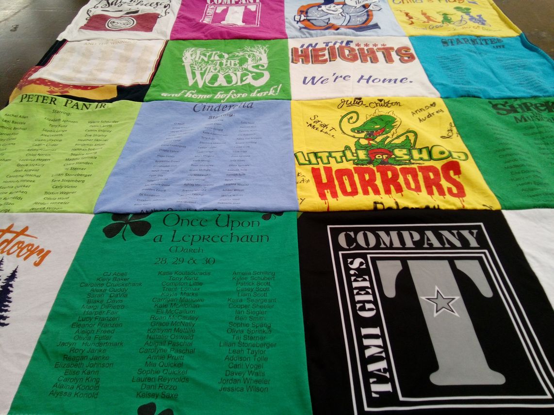 T-shirt quilt with theater, musicals themes by Maria from MD