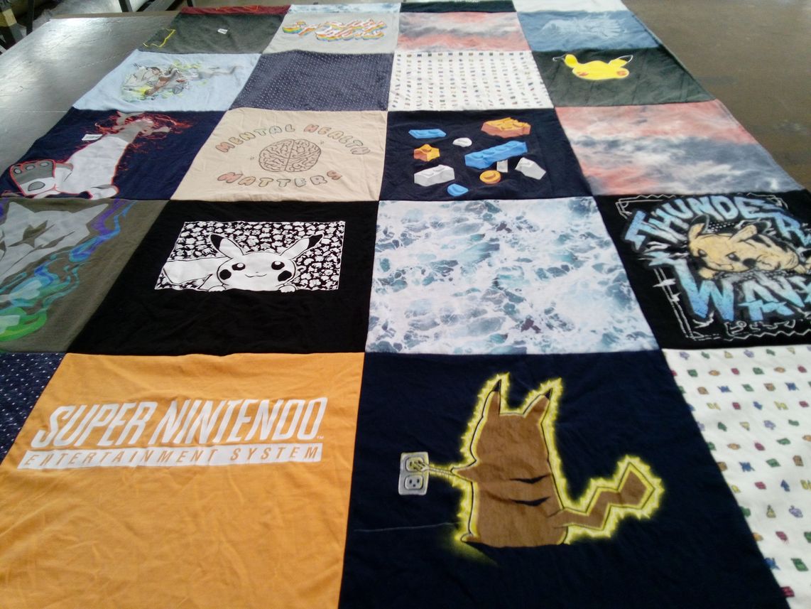 T-shirt quilt with video games, anime themes by Elliot from NY