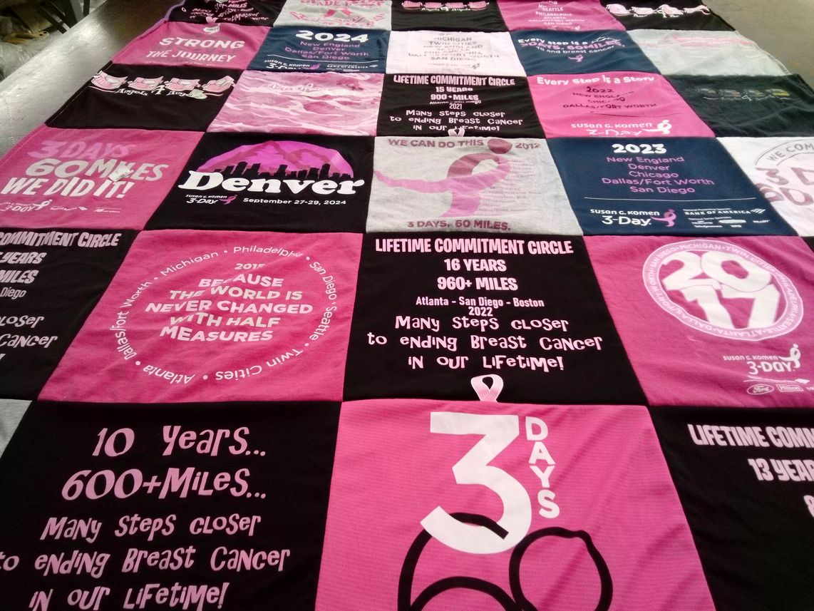 T-shirt quilt with breast cancer awareness, walking events themes by Saralyn from TN