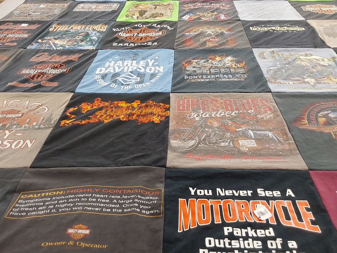 T-shirt quilt with motorcycles, biker culture themes by Pam from AR