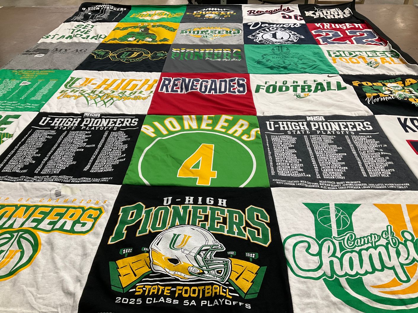 T-shirt quilt featuring u-high pioneers by Laura from IL