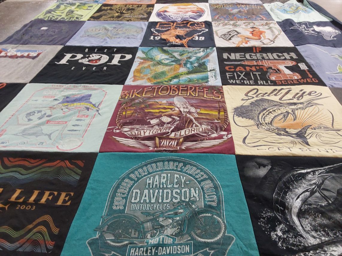 T-shirt quilt with motorcycles, fishing themes by Ronald from FL