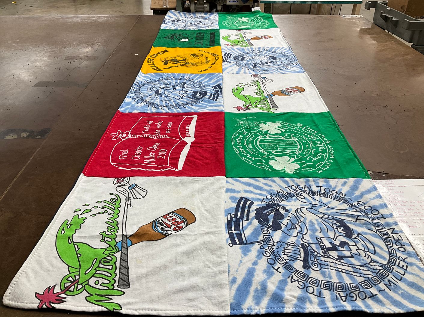 T-shirt quilt with parties, beer themes by Julie from IL