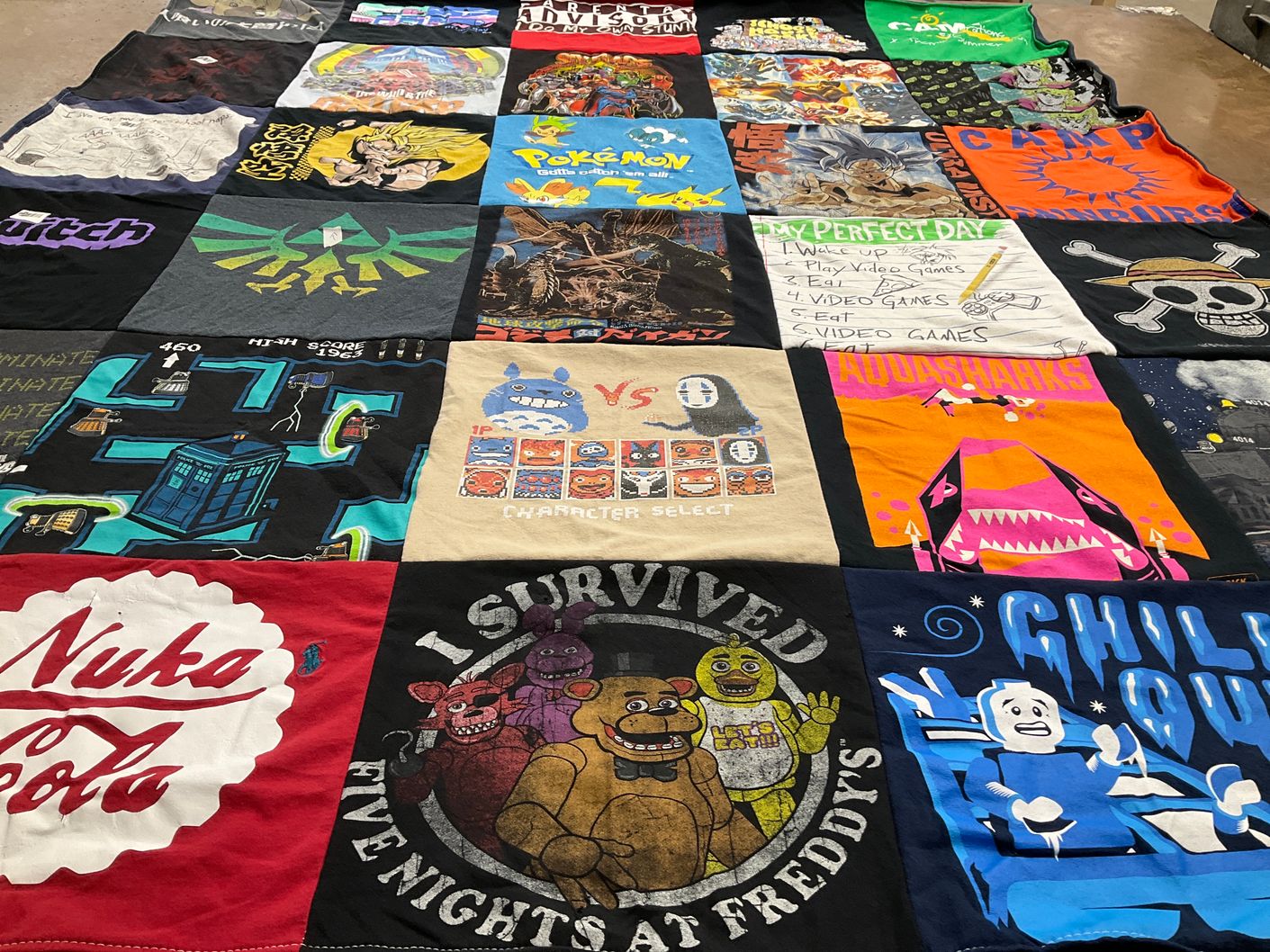 T-shirt quilt with video games, anime themes by Jessica from CT