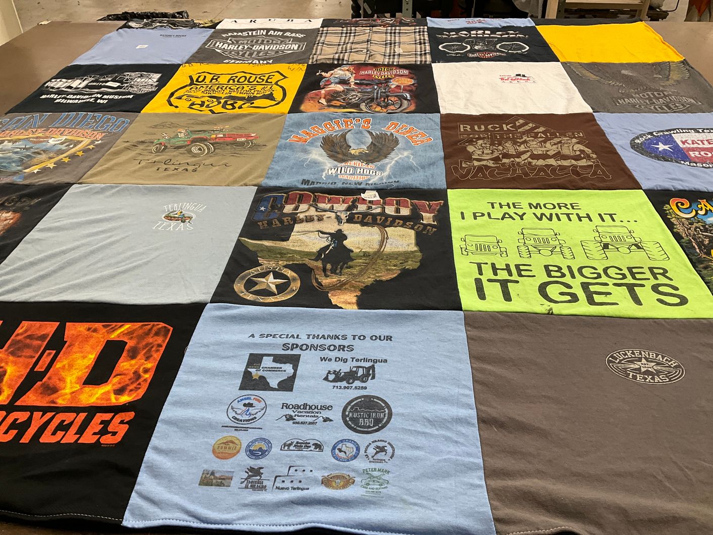 T-shirt quilt with motorcycles, jeeps themes by Rita from TX