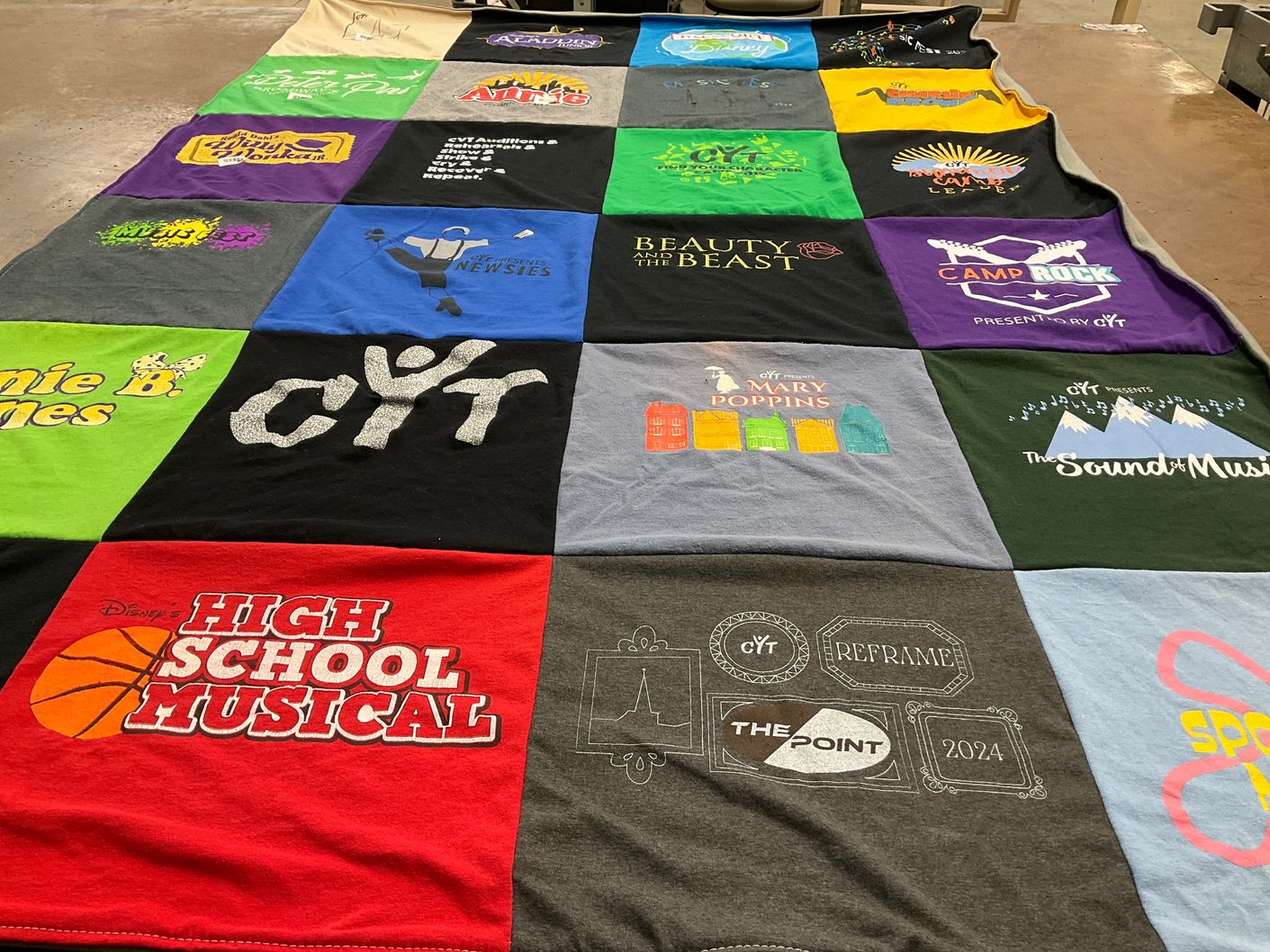 T-shirt quilt with theater, musicals themes by Sheila from IL