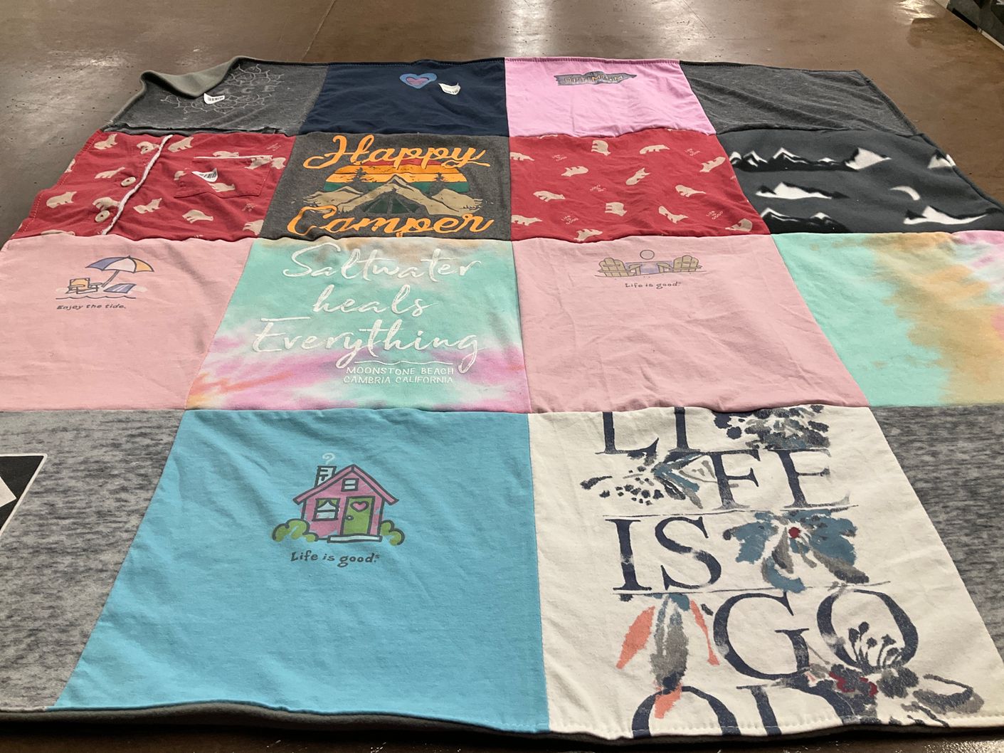 T-shirt quilt with camping, beaches themes by Amanda from MI