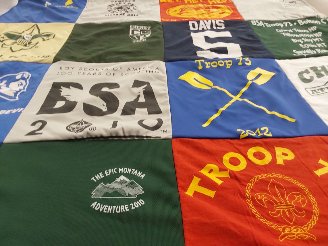 T-shirt quilt with scouting, adventure themes by Jennifer from CT