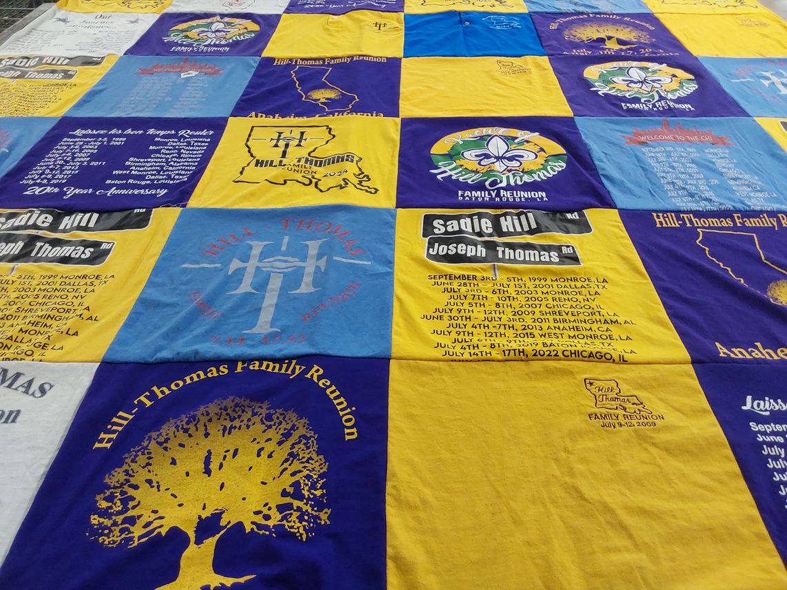 T-shirt quilt with family events, reunions themes by Francia from IN