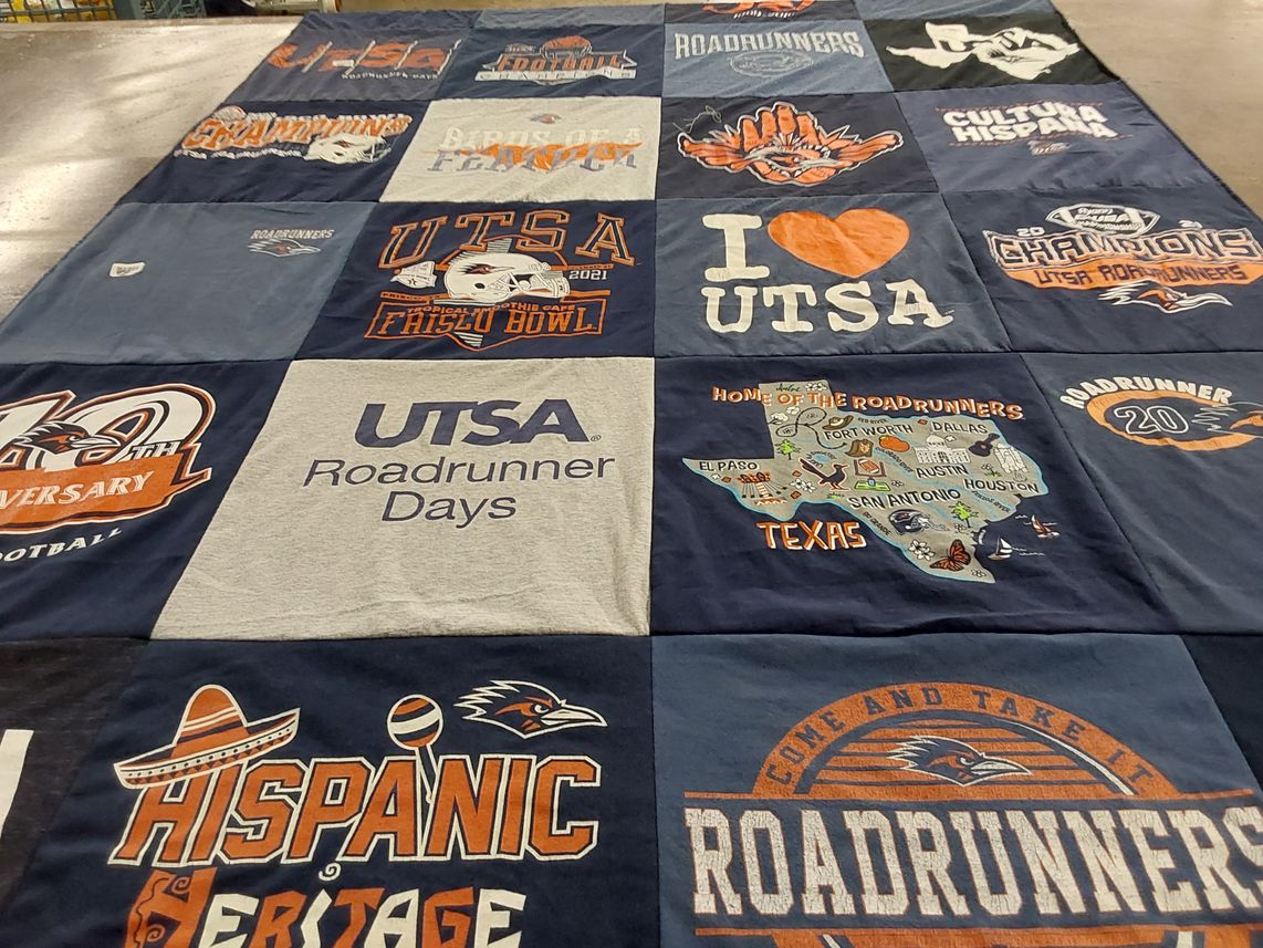 T-shirt quilt featuring utsa roadrunners by Holly from TX