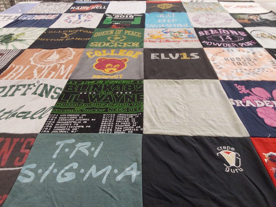 T-shirt quilt with music, sports themes by Claudia from NJ