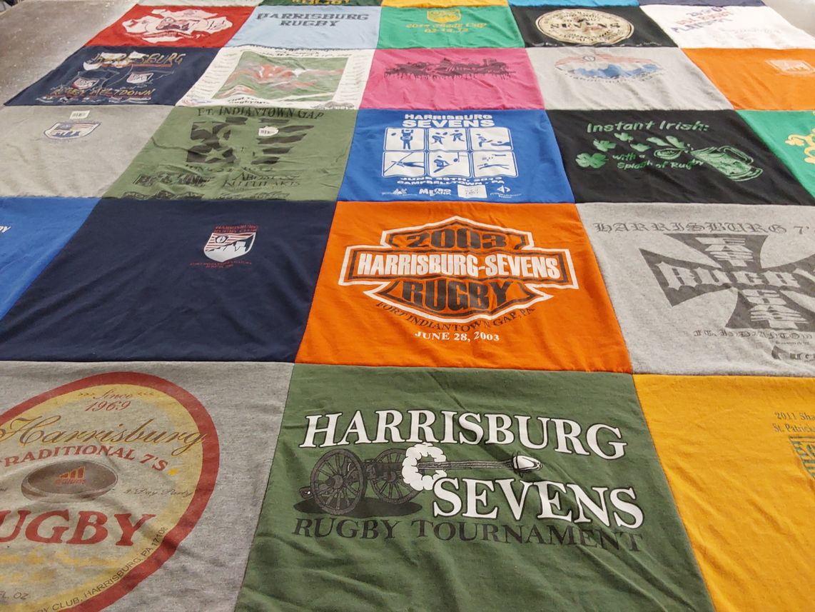 T-shirt quilt with rugby, sports themes by Jeffrey from PA