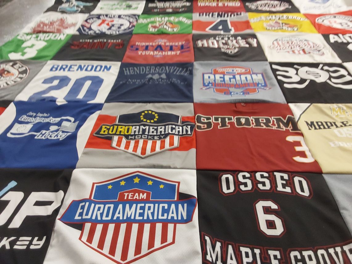 T-shirt quilt featuring euroamerican hockey, saints by Jennifer from MN