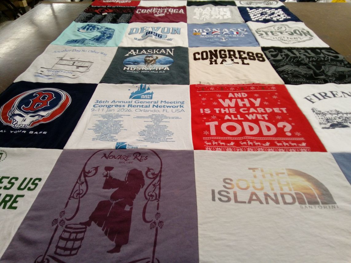 T-shirt quilt with travel, brewing themes by Anna from PA